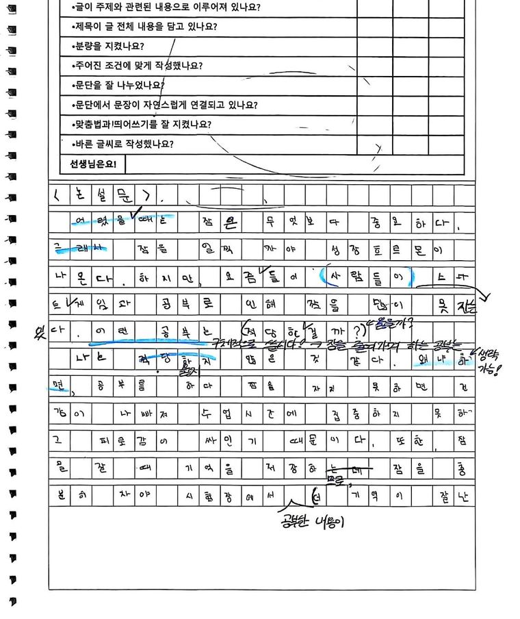 초등 5학년 학생이 원고지에 쓴 글